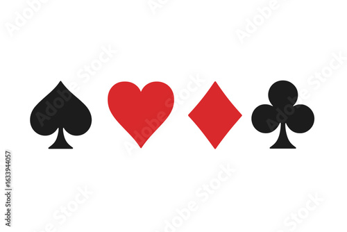 Playing card suit symbols vector illustration set. Spade, heart, diamond, club icons isolated on white background. Gambling and casino graphic elements. Poker, blackjack, game design resources.