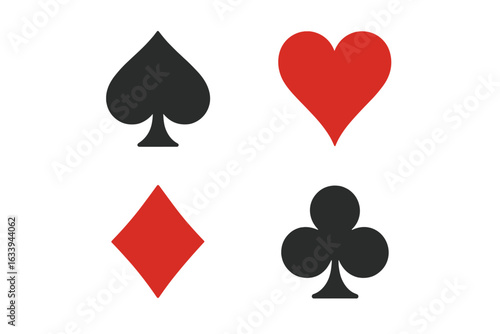 Classic playing card suits vector icons set. Spades, hearts, diamonds, clubs. Gambling game symbols. Casino elements. Poker, blackjack, bridge, solitaire illustrations on transparent background