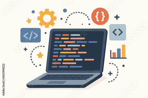 Modern coding and programming concept, laptop with colorful code lines, software development and web design, digital technology symbols, gears, charts, brackets, light background vector illustration