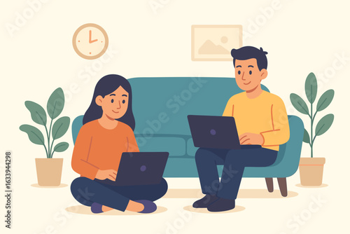 Remote Work Couple with Laptops at Home, Man and Woman Working Together on Sofa and Floor, Modern Home Office, Cozy Living Room Interior, Plants, Clock, Flat Vector Illustration