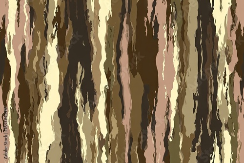Abstract camouflage pattern in muted browns, beiges, and pinks.  Vertical, irregular streaks create a textured look