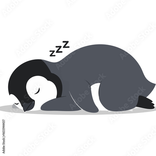 Cute cartoon baby penguin sleeping peacefully. Adorable animal character illustration taking a nap, isolated on a white background.