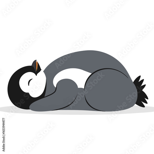 Cute cartoon penguin character sleeping soundly. Adorable flightless bird resting in a peaceful curled-up pose, vector art illustration.