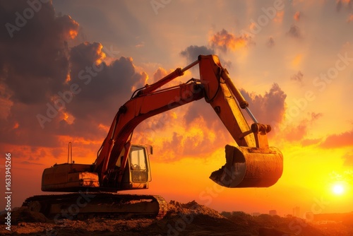 Wallpaper Mural An excavator stands on a construction site at sunset, silhouetted against a dramatic sky with vibrant orange and yellow hues Torontodigital.ca