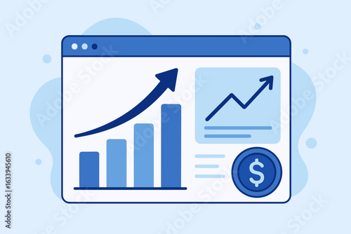 Financial growth analytics dashboard, web browser interface with rising arrow, bar chart and profit diagram, economic success, online business metrics, data analysis, investment, fintech trend