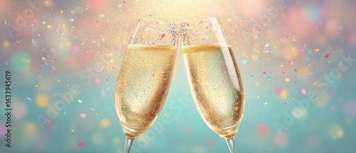 Two champagne glasses clinking with bubbly drink and colorful confetti on a festive, blurred background