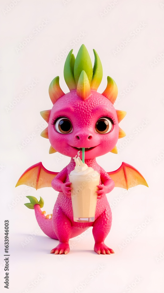 Fototapeta premium Cute pink dragon character holding a delicious milkshake with whipped cream, showcasing vibrant colors and playful features, perfect for children's illustrations and fantasy themes