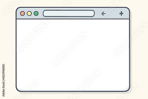 Blank browser window mockup vector illustration. Web page template. Cartoon style empty internet browser interface with navigation icons, address bar, minimal white background, isolated design