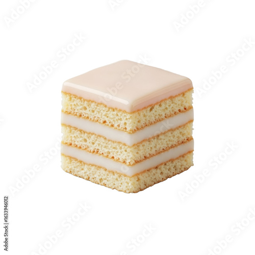 Elegant cube-shaped petit four with visible sponge cake and marzipan layers, glossy pale cream icing, isolated on seamless transparent background. Concept for premium culinary advertising