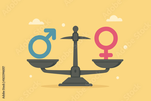 Gender equality balance scale illustration, male and female symbols, equality concept, justice, fairness, gender parity, vector cartoon, flat design, yellow background, social issues metaphor