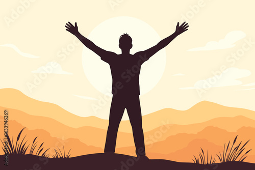 Silhouette happy man arms raised up freedom inspiration sunrise, mountain landscape, achievement success motivation, personal growth, travel adventure, outdoor victory, be free concept illustration