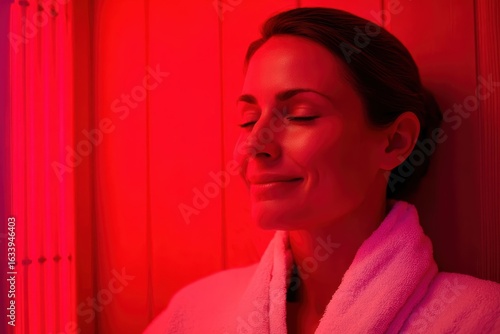 A woman relaxes in a sauna, enjoying soothing red light therapy while wearing a white bathrobe and smiling with closed eyes