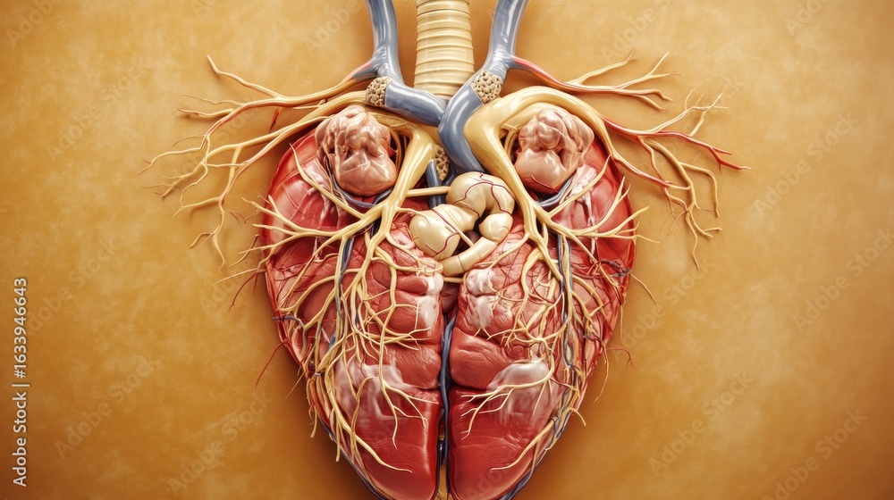 Naklejka premium Natomical Heart Model with Veins and Arteries on a Textured Background, Representing Cardiovascular Health and Medical Illustration for Educational Purposes