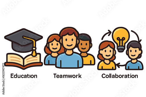 Education teamwork collaboration icons set. Academic learning, group meeting, brainstorming, knowledge transfer, creative idea, leadership skills. Diverse people teamwork vector illustration pack.