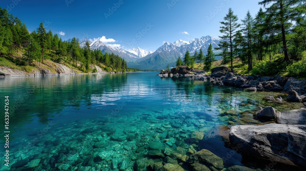 Fototapeta premium Mountain Lake With Clear Water And Snow Peaks