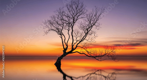 Autumnal dawn mist hangs over the lake, silhouetting trees against a vibrant red and orange sky