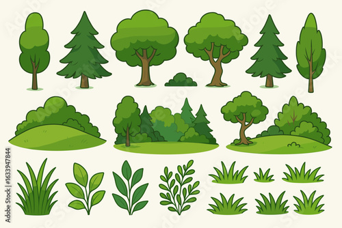 Cartoon forest and landscape vector set with diverse trees, grass, bushes, foliage, shrubs, greenery, plant elements, nature backgrounds, build your own scene, outdoor environment illustration