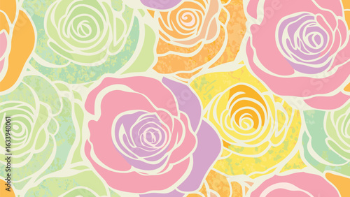 Pastel floral pattern featuring roses in pink yellow green orange and purple color scheme in a seamless design