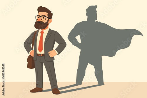 Bearded Hipster Businessman Standing Proud Casting Heroic Superhero Shadow on Wall, Courageous Brave Male Leader Concept, Empowerment Vector Illustration