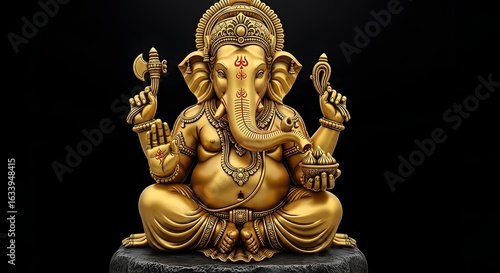A golden statue of lord ganesha sitting in a meditative pose on a stone pedestal against black background