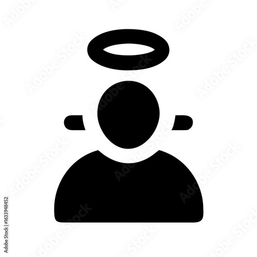 Silhouette of a person with a halo above their head and small wing shapes on either side of the head