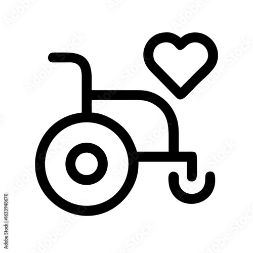 A simple black line drawing of a wheelchair with a heart shape above it on a white background icon art