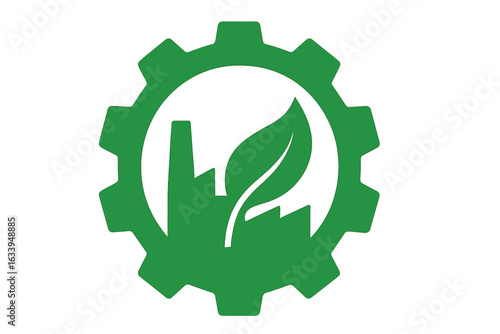 Sustainable industry eco gear logo. Green factory symbol with gear, plant leaf, environment friendly manufacturing, clean technology, industrial growth, energy efficiency concept, vector illustration