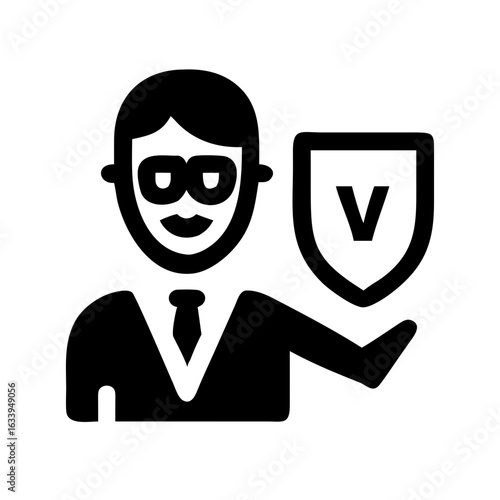 Illustration of a person wearing glasses and a tie holding a shield with the letter v on it for protection