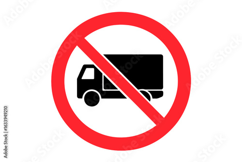 No Trucks Allowed Road Sign Vector Illustration. Prohibition Symbol for Heavy Vehicles. Red Circle Traffic Sign Isolated on White. Transport Restriction Icon for Highway, Urban, and City Roads.
