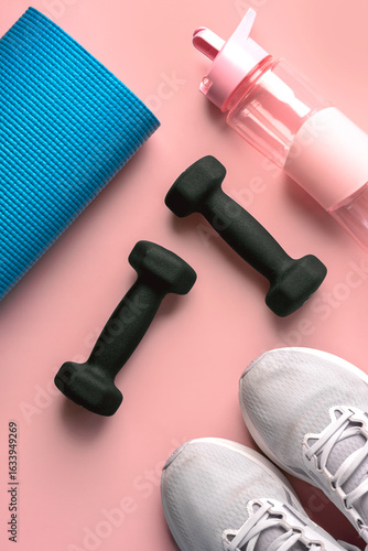 Top view of black dumbbells,fitness mat,sneakers and water bottle. Sport and fitness concept
