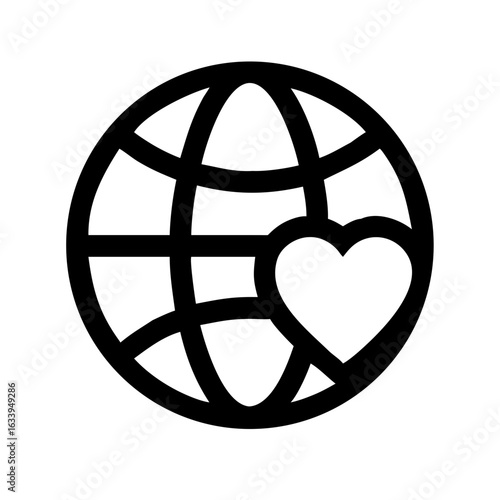 Black outline of a globe with meridians and parallels and a white heart shape placed on the globe surface