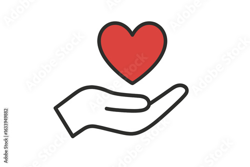 Charity support symbol. Minimalist hand holding red heart. Human kindness compassion donation care. Giving love icon. Social responsibility charity fund concept. Medical health volunteer help.