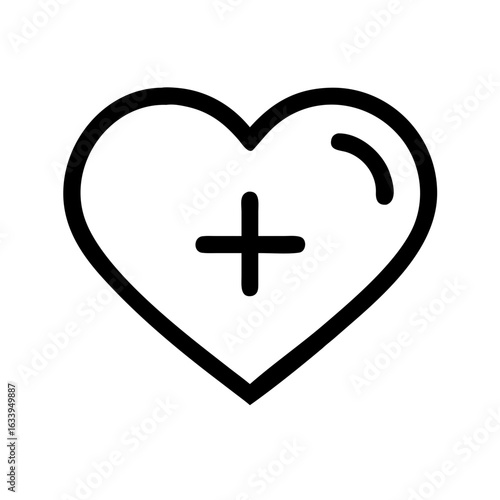 Heart outline with plus sign inside representing health and medical care in a simple vector icon design