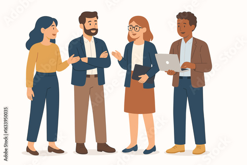 Casual team of diverse office business people standing, talking, and collaborating together in modern workplace discussion, teamwork, and communication concept flat vector illustration