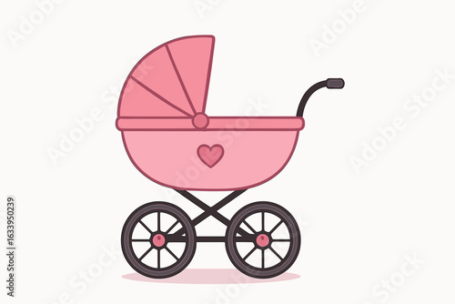 Pink baby stroller pram vector illustration. Cartoon girls buggy for newborns. Spinning wheels, modern flat design. Heart detail, playful childcare concept. Infant carriage on white background.
