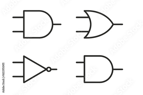 Logic gates vector icon set. AND, OR, NAND, and NOR electronic symbols. Simple black outline logic circuit signs. Digital electronics technology concept. Isolated linear schematic components.
