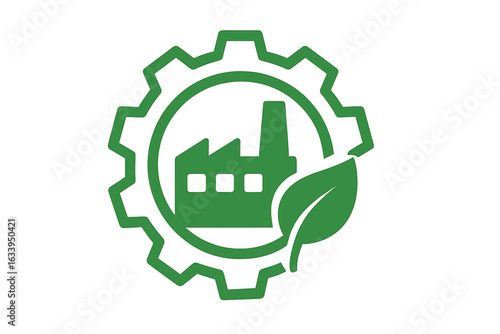 Eco-friendly industry logo with green gear symbol, sustainable factory icon, leaf, renewable manufacturing, clean energy concept, environmental protection, vector illustration isolated