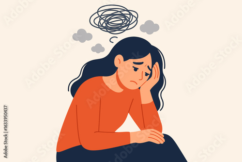Stressed woman mental health burnout. Depression, anxiety, brain fog. Female sitting with hand on face, tangled thoughts. Emotional exhaustion, psychological stress. Flat vector illustration.