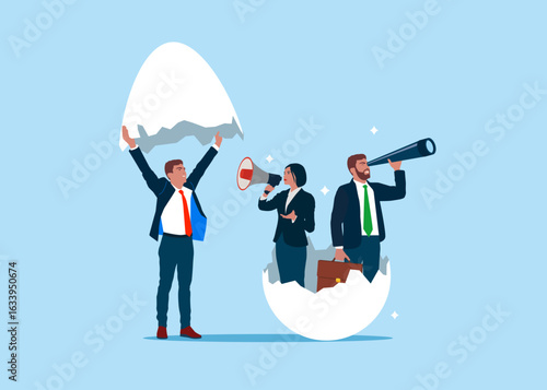 Businessman discover hatching egg with office people holding spyglass, megaphone inside. New creative idea thinking process. Business vision. Flat vector illustration.