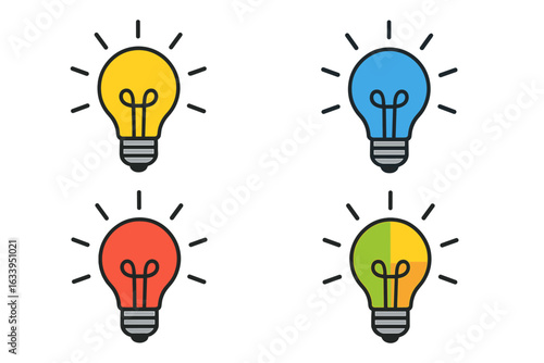 Creative colorful light bulb ideas set vector illustration. Innovation concept. Multiple bright lamp icons. Brainstorming, solution, creativity, inspiration design. Isolated transparent background.