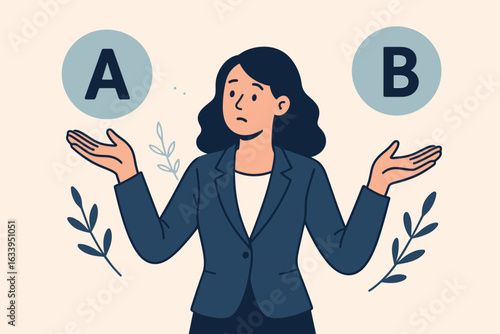 Businesswoman decision-making choice between plan A and plan B, weighing options, dilemma concept, comparison, business strategy, career direction, vector illustration, corporate planning, leadership