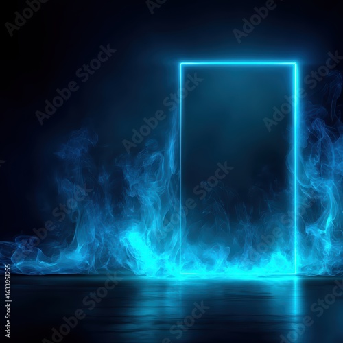 Wallpaper Mural A glowing blue neon doorway surrounded by swirling smoke, set against a dark and mysterious background Torontodigital.ca