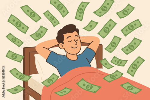 Passive income concept. Make money while you sleep. Relaxed man in bed with cash raining down. Financial freedom, wealth, savings, investment, side hustle, success, earning money effortlessly.