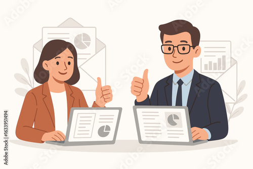 Business teamwork success, man and woman office workers using laptops, thumbs up gesture, newsletter analytics, data charts, communication, collaboration, workplace approval, flat vector illustration