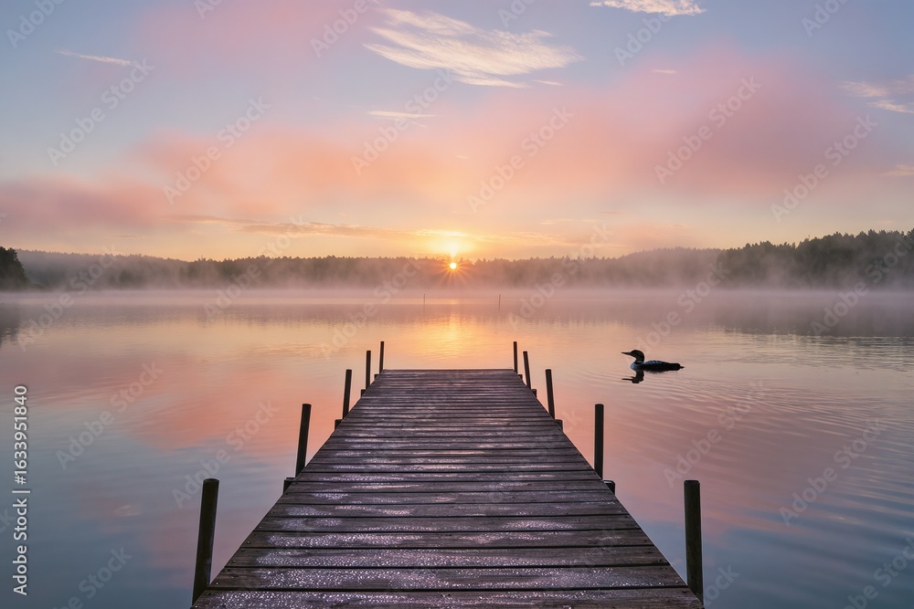 Fototapeta premium Calm sunrise over a peaceful lake with a wooden pier reflecting on the water