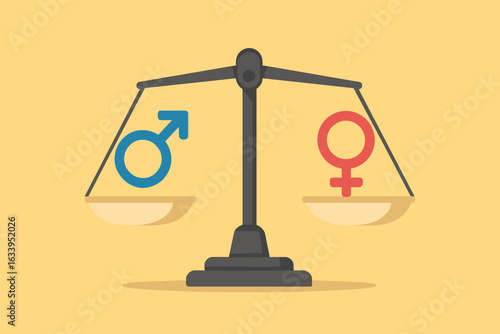 Gender equality scale concept. Symbolic balance with male and female gender icons on justice scale. Metaphor for gender balance, bias, inequality, discrimination, social justice. Equal rights vector