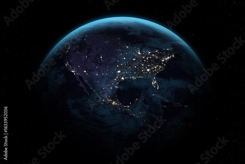 Fototapeta Naklejka Na Ścianę i Meble -  Earth planet in outer space. North and Central America at night viewed from space with city lights. Canada, United States, Mexico from space, high resolution image. Nightly Earth. 