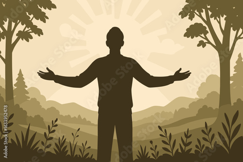 Spiritual awakening silhouette man open arms in nature, sunrise enlightenment, inner peace, mindfulness meditation, self-discovery, personal growth, mental health concept, vector illustration