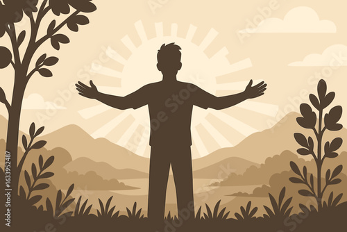 Silhouette of man embracing sunrise in peaceful nature, arms open wide, spiritual awakening, inner peace, mindfulness, self-discovery, purpose in life, outdoor meditation, vector landscape art