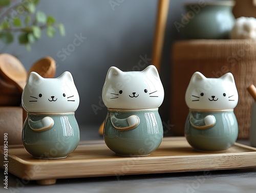 Minimalist Ceramic Bowl with Gradient Cat-Shaped Spoon and Kitten Statue